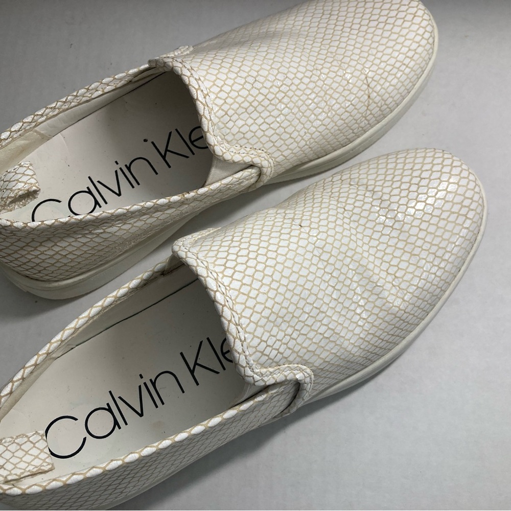 Calvin Klein White Cream Snake-Embossed Slip-Ons